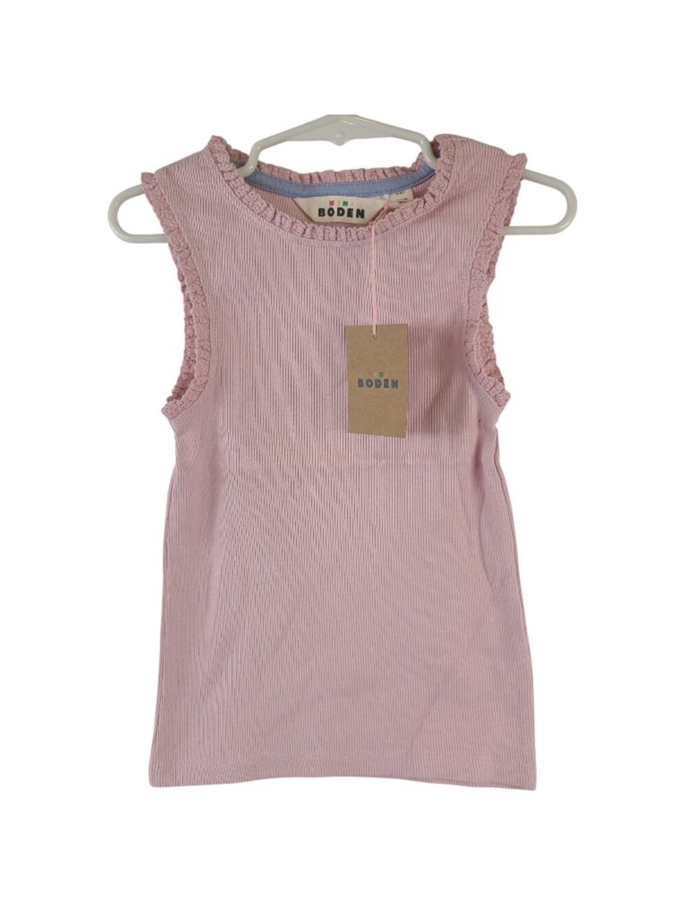 NEW Mini Boden Girls Pink Sleeveless Ribbed Top With Ruffle Trim Size 5-6Y